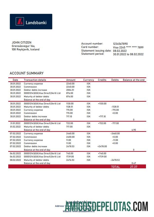 Modelo de extrato bancário do Landsbankinn da Islândia